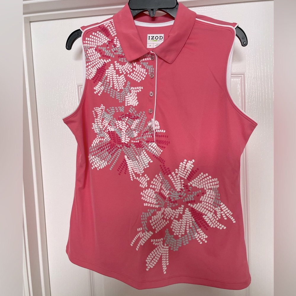 Izod Golf sleeveless collared polo top size Large- dusty rose, white and grey